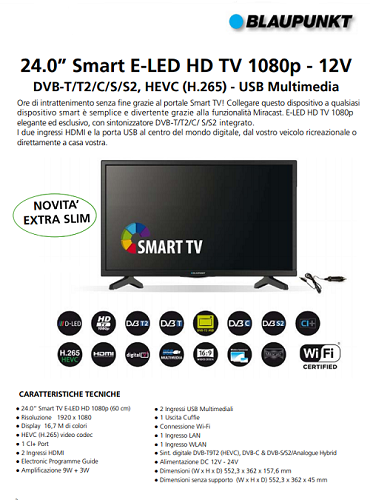 Blaupunkt SMART TV 12 /24 V 24" PER CAMPER E CAMION